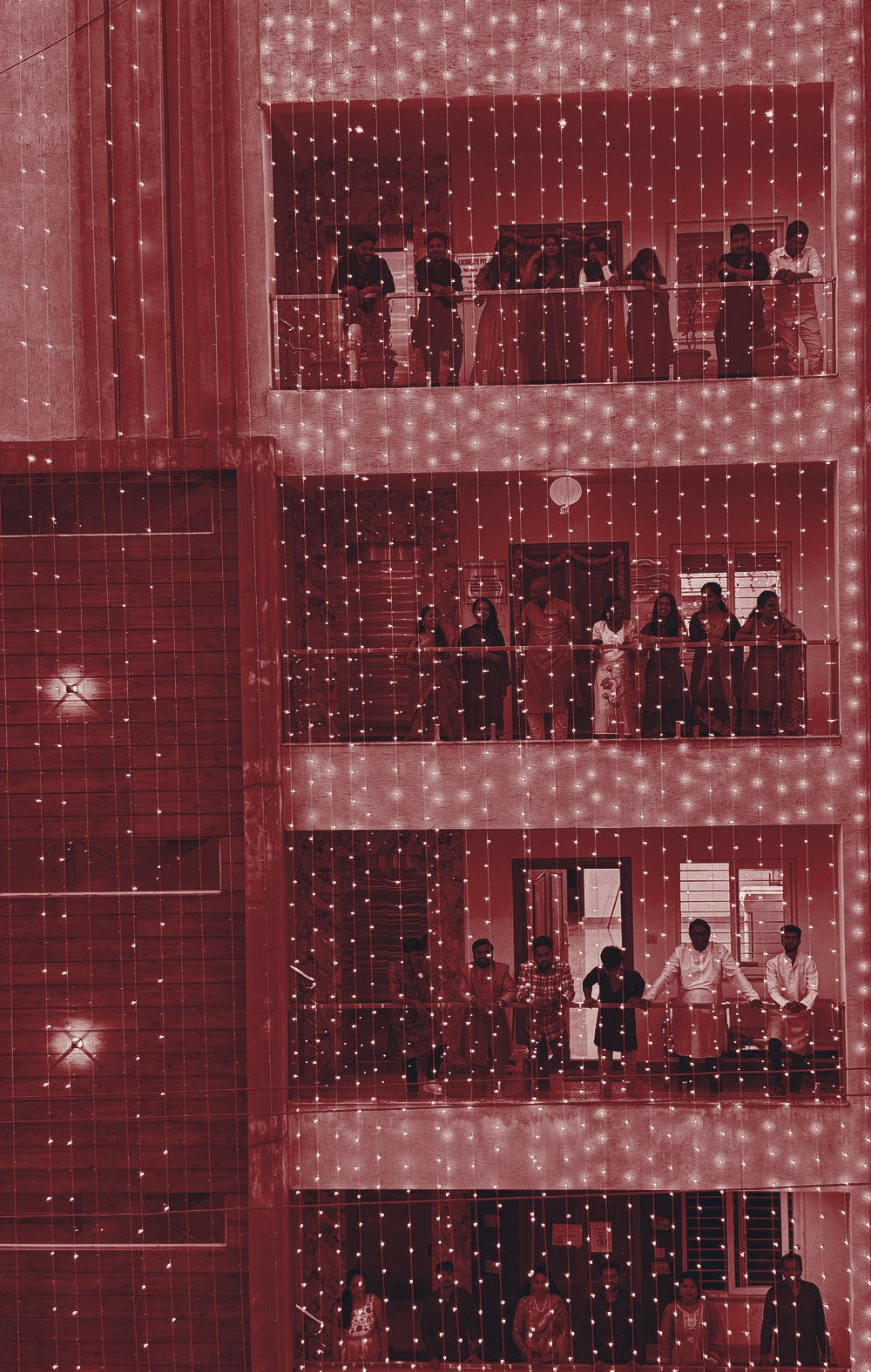 The Locus Elite team on the lit balconies of the Hyderabad office during Diwali